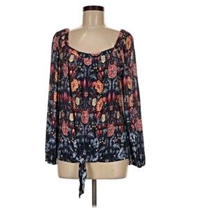 Democracy Women's XL floral print square neck off the shoulder top blouse blue